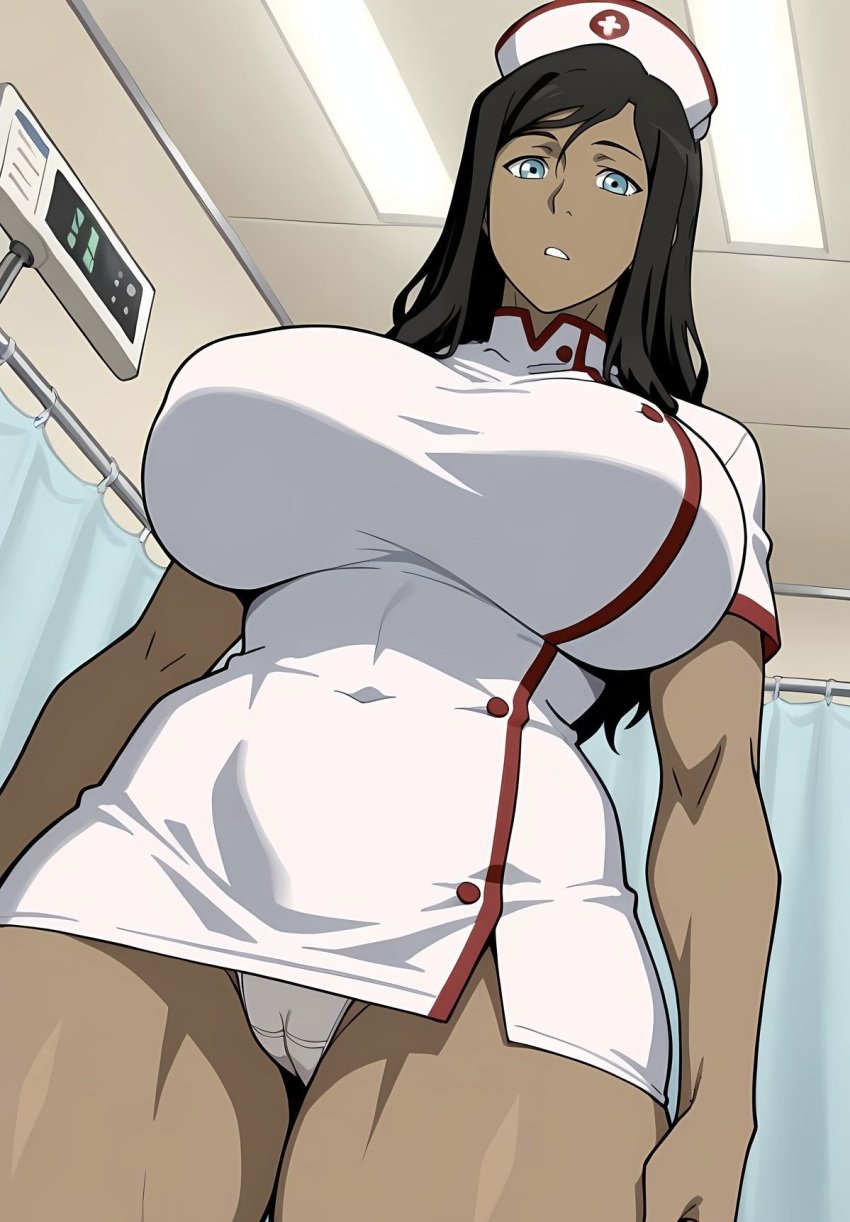 1girls ai_generated avatar_legends avatar_the_last_airbender ayyaai big_breasts blue_eyes breasts_bigger_than_head cameltoe dark-skinned_female female hospital huge_breasts korra long_hair looking_at_viewer low-angle_view muscular muscular_thighs nurse nurse_cap nurse_uniform panties solo solo_female solo_focus tanned tanned_female the_legend_of_korra thick_thighs thunder_thighs white_panties wide_hips