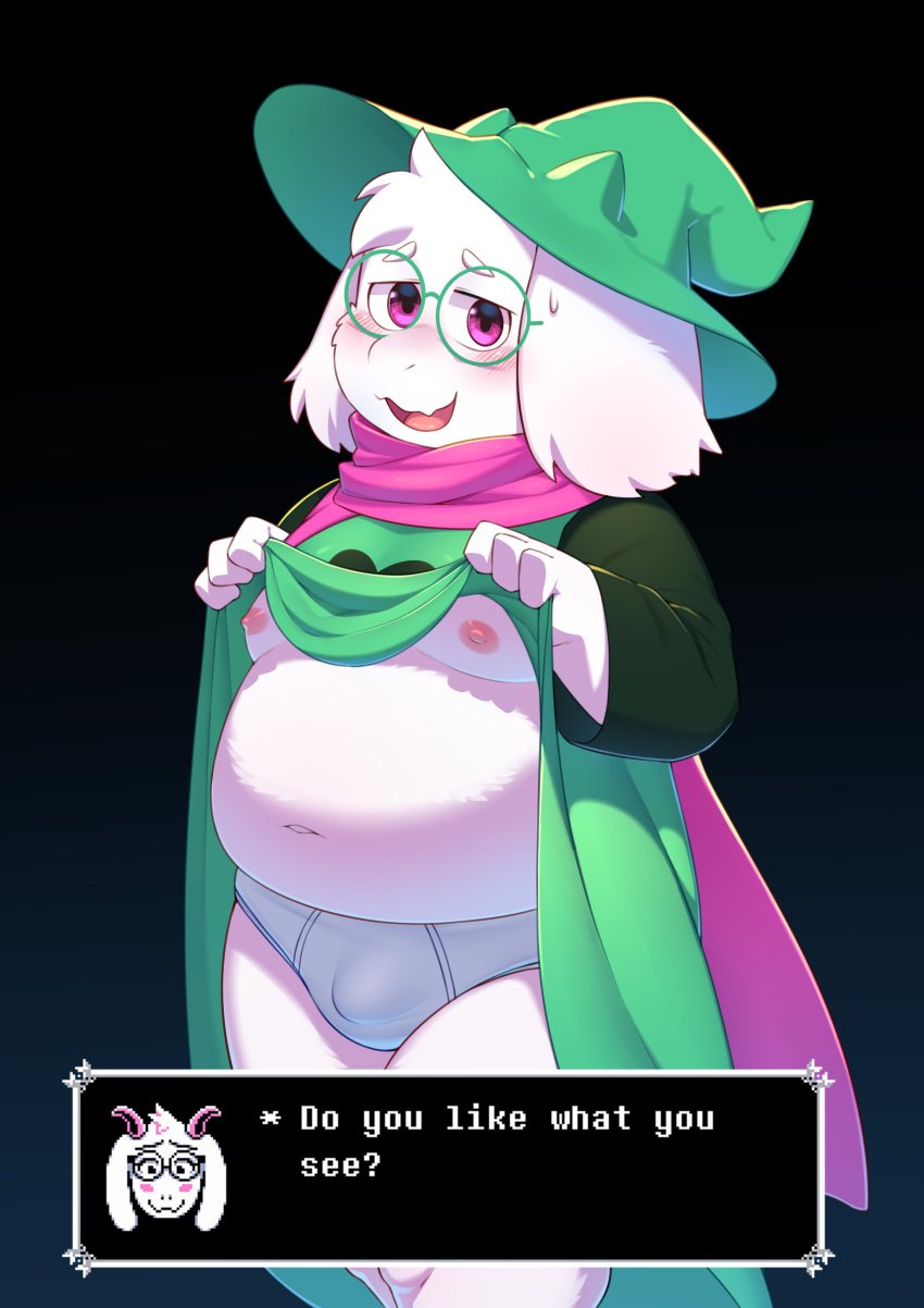 1boy 2025 absurd_res anthro badcat belly black_background blush blush_lines bodily_fluids bovid briefs bulge caprine clothed clothing deltarune detailed_bulge dialogue digital_media_(artwork) english_text eyebrows eyewear flesh_fang floppy_ears front_view fur glasses goat gradient_background green_clothing green_eyewear green_glasses green_hat green_headwear green_robe hat headgear headwear hi_res kemono looking_at_viewer male male_only mammal moobs navel nipples open_mouth open_smile outie_navel overweight overweight_anthro overweight_male partially_clothed pink_eyes pink_nipples pink_scarf pink_tongue portrait presenting pupils ralsei ralsei_with_white_fur robe robe_lift round_glasses scarf shaded simple_background smile soft_shading solo standing sweat sweatdrop talking_to_viewer text text_box thick_thighs three-quarter_portrait three-quarter_view tongue undertale_(series) underwear wearing_glasses white_body white_briefs white_clothing white_fur white_underwear