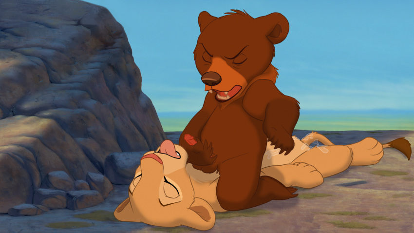 2017 bear brother_bear claws closed_eyes crossover cub disney duo fangs feline female female_feral feral fur kiara koda lion male mammal open_mouth penis straight teeth testicles the_giant_hamster the_lion_king tongue tongue_out