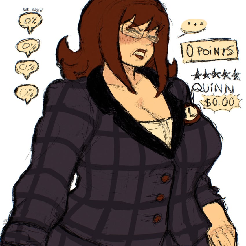angry breasts busty busty_female buttoned_shirt chubby chubby_female concerned confused fat female flipline_studios giant_breasts ginger ginger_hair green_shirt handbag high_resolution highres huge_breasts mature_female middle_aged milf old papa_louie quinn_(papa_louie) sad_sasen wife