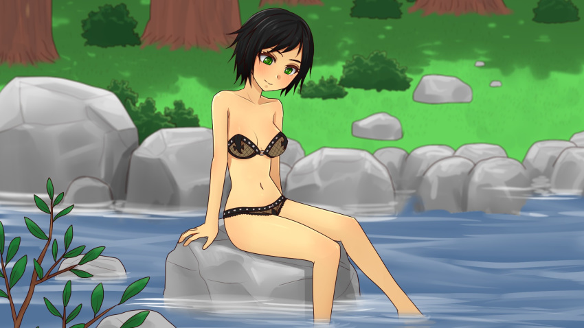 andrea_(army_gals) army_gals black_hair blue_hair bra female green_eyes panties water