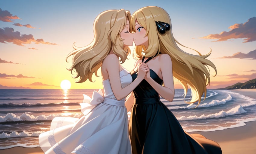 beach blonde_hair cynthia_(pokemon) dress kay_(girls_und_panzer) kissing lesbian_kiss women_only yuri