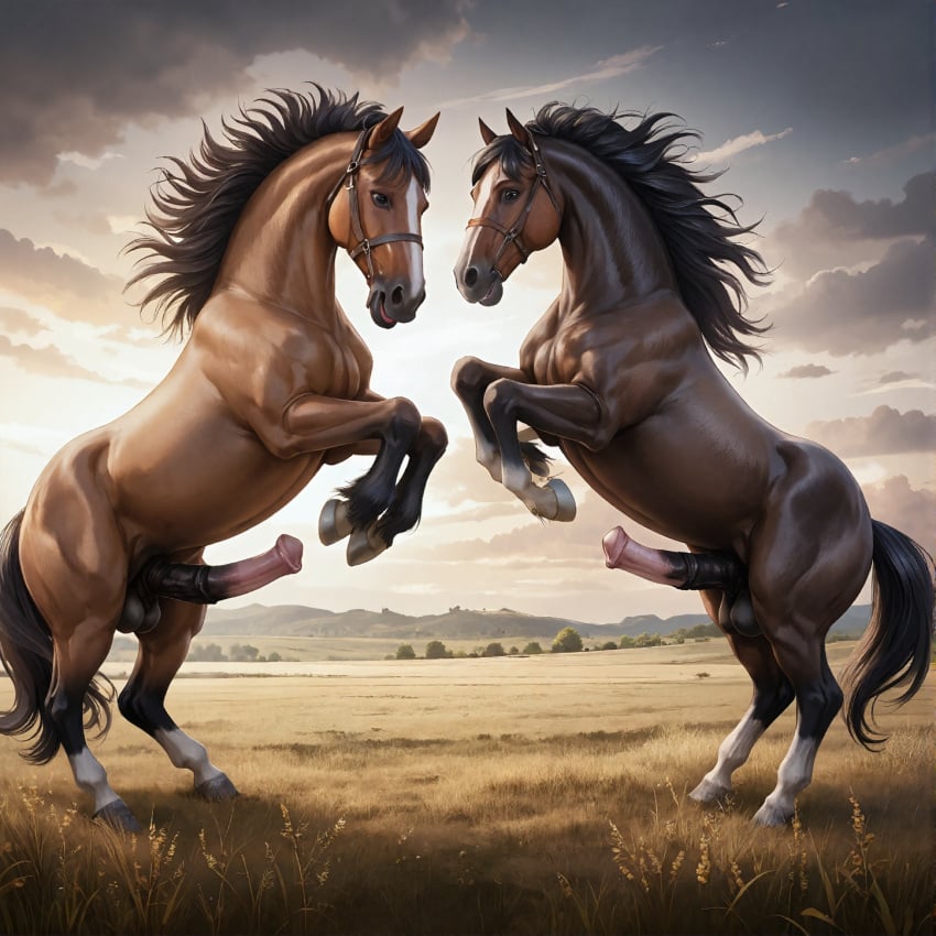 ai ai_generated animal_genitalia animal_penis balls bing_image_creator cloud detailed detailed_background duo equid equine equine_genitalia equine_penis feral field flared_penis genitals grass hi_res hooves horse male male/male mammal penis plant stable_diffusion standing