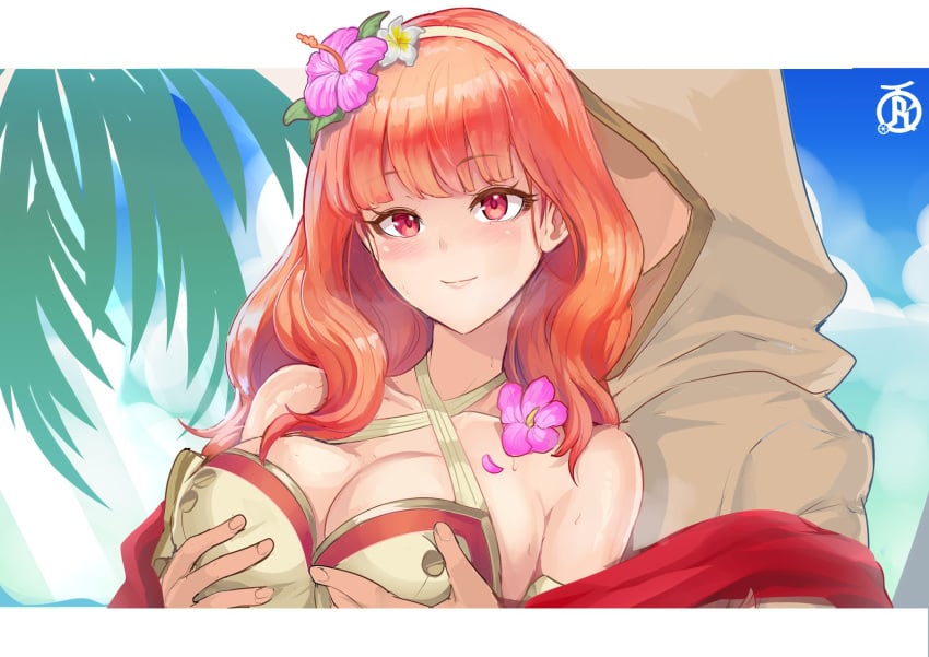 1girls bikini breast_grab breasts celica_(fire_emblem) female female_focus fire_emblem_heroes groping large_breasts revolverwingstudios solo_focus swimsuit upper_body