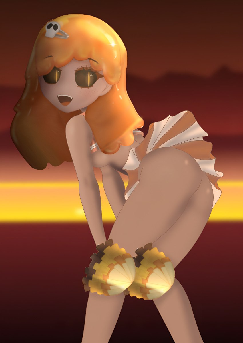 1girls ass breasts cute_fang elementibox fangs female female_only highres human incredibox_mod incredibox_warm_like_fire looking_at_viewer medium_breasts meggie_(warm_like_fire) no_panties open_mouth orange_hair pom_poms shirt_up skirt tagme thighhighs traced