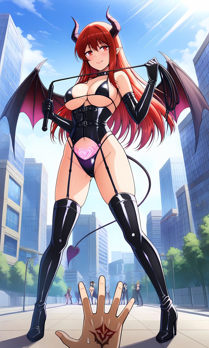 1boy :q ai_generated ass_visible_through_thighs bangs bare_shoulders bikini black_bikini black_footwear black_gloves black_legwear black_thighhighs blue_sky blush boots breasts building city cleavage closed_mouth clothing cloud corset crowd day demon_girl demon_horns demon_tail demon_wings dominatrix elbow_gloves female female footwear garter_straps gloves high_heel_boots high_heels holding holding_whip horns large_breasts latex latex_legwear legwear lingerie long_hair looking_at_viewer male navel original outdoors pointy_ears pubic_tattoo red_eyes red_hair shoes sky smile solo_focus standing succubus sunlight swimsuit tail tattoo thigh_boots thighhighs thighs tongue tongue_out tree whip wings