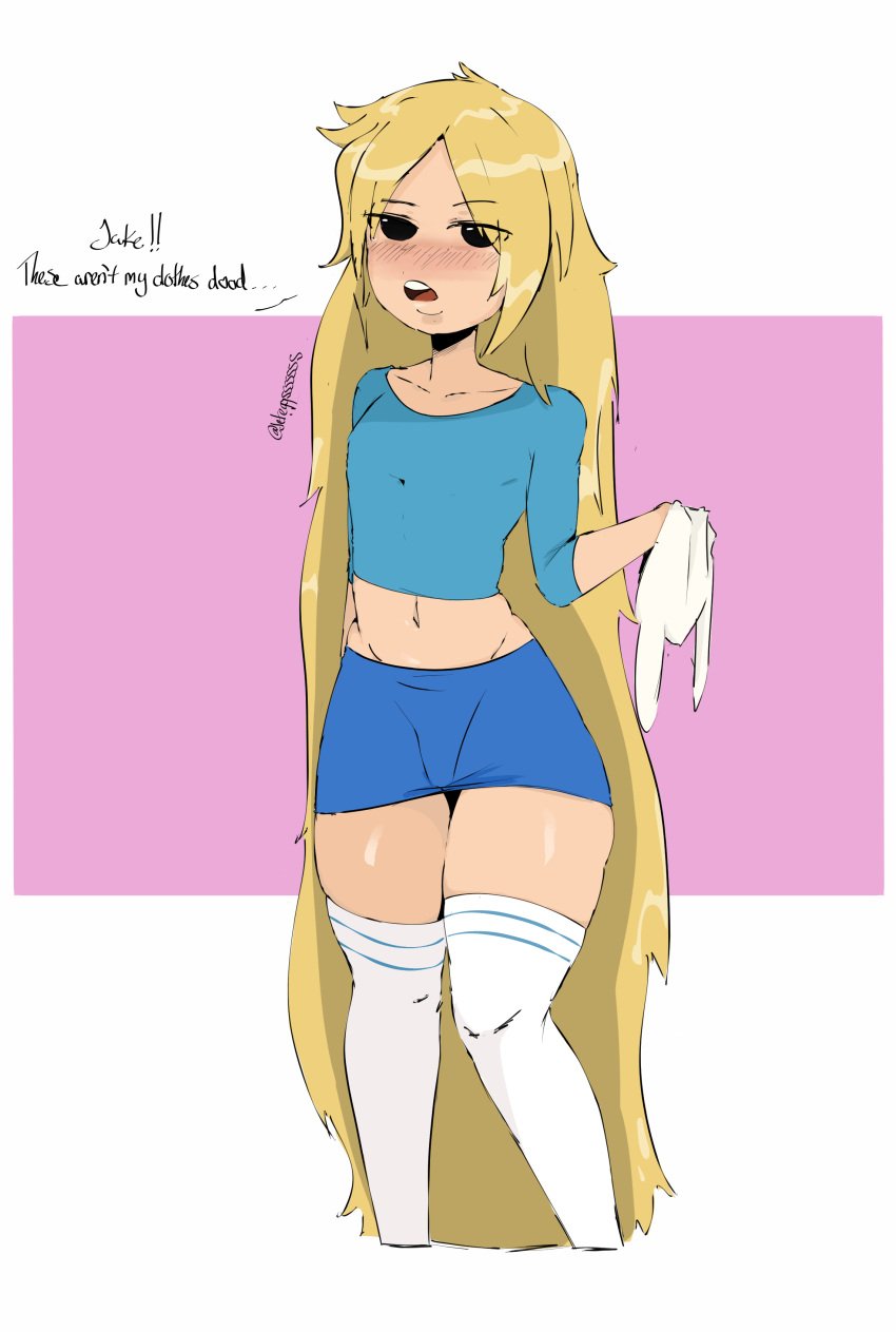1femboy adventure_time blonde_hair blush bulge bulge_through_clothing bulge_under_clothes crop_top crossdressing crossdressing_male english_text femboy femboy_only finn_the_human holding_clothing holding_object jeteggs long_hair male miniskirt outfit_swap shirt skirt solo solo_focus talking talking_to_another thick thick_hips thick_thighs thigh_highs thighhighs thighs tshirt very_long_hair zettai_ryouiki