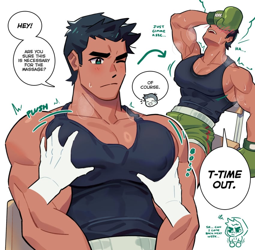 2boys big_pecs black_hair black_tank_top blush bodily_fluids boxing_gloves breath bubble_pecs busty busty_boy chibi clothed clothed_male clothing cloud cute_male dialogue disembodied_hand disembodied_hands duo english_text gay gay_male green_eyes green_shorts green_text hand_on_pec hand_on_pecs hi_res human little_mac male male/male male_only massage milkiato milking_machine muscular muscular_male nintendo nipples nipples_visible_through_clothing one_eye_closed pecs punch_out resting short_hair shorts simple_background sitting sitting_on_chair sketchy sleeveless sweat sweating tank_top text unknown_male white_background yaoi
