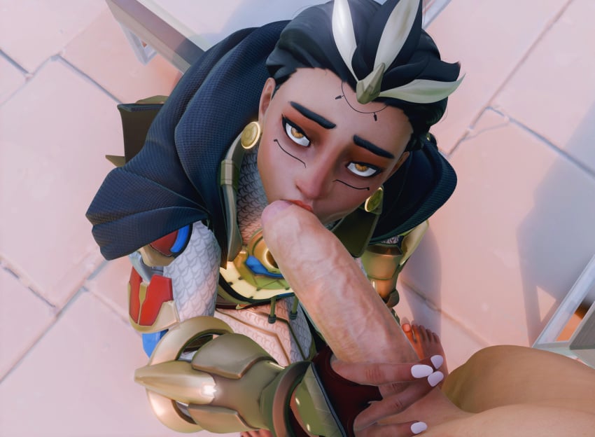 1boy 1girls 3d black_hair blizzard_entertainment blowjob brown_eyes cock_worship dark-skinned_female earrings face_markings female foreskin human illari_(overwatch) interracial kissing kissing_penis kneeling kneeling_oral_position light-skinned_male looking_at_viewer male on_knees overwatch overwatch_2 penis pov pov_eye_contact straight