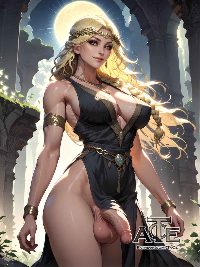 1futa abs ai_generated balls big_balls big_breasts breasts curvy dickgirl elden_ring futa_only futanari looking_at_viewer nsfw penis perfect_body queen_marika_the_eternal ready_to_fuck small_waist smile solo taceee testicles