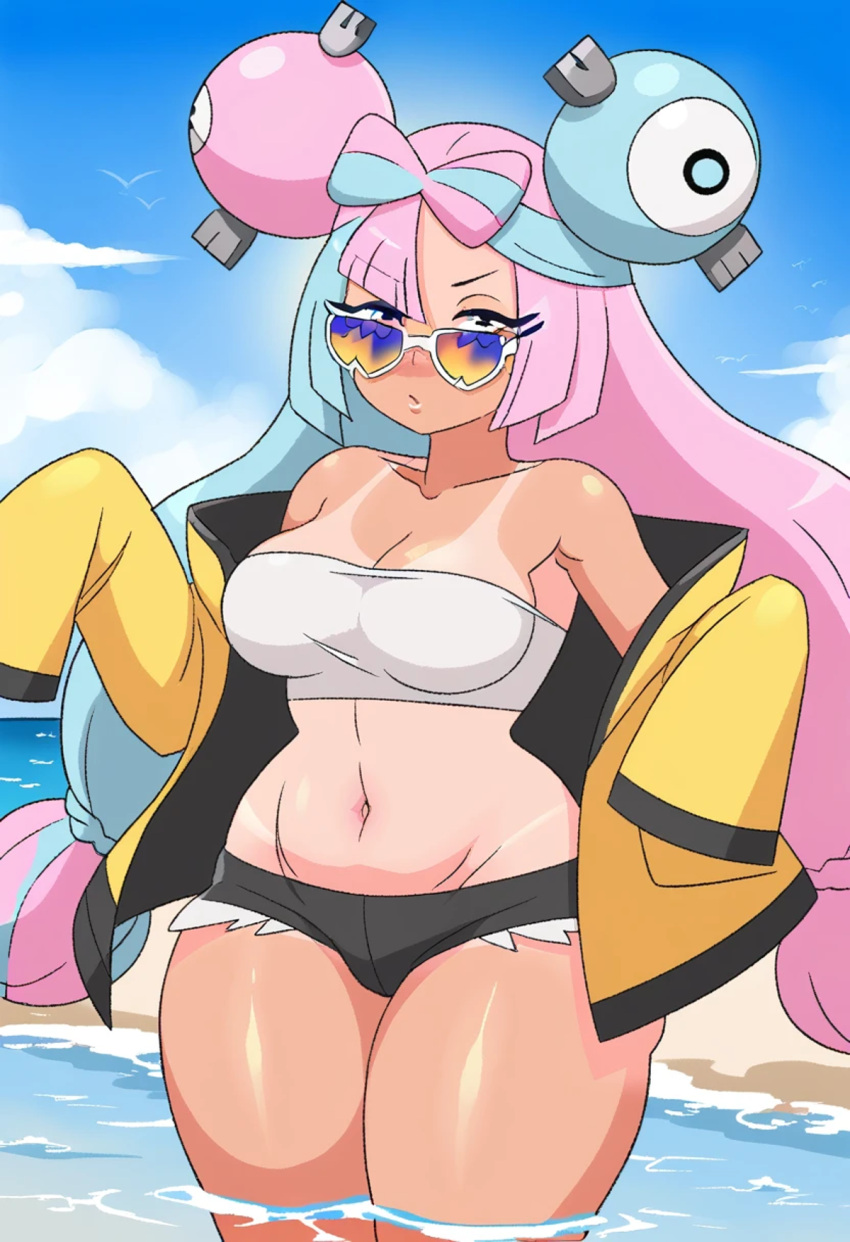 1girls ai_generated archdan_(style) archdan_style_ai artstyle_imitation beach blue_hair female female_only headwear human iono_(pokemon) looking_over_eyewear looking_over_sunglasses multicolored_hair navel open_clothes pink_hair pokemon shorts solo style_imitation style_parody sunglasses tan_skin tanline tanned thick_thighs tinted_eyewear tubetop yellow_jacket