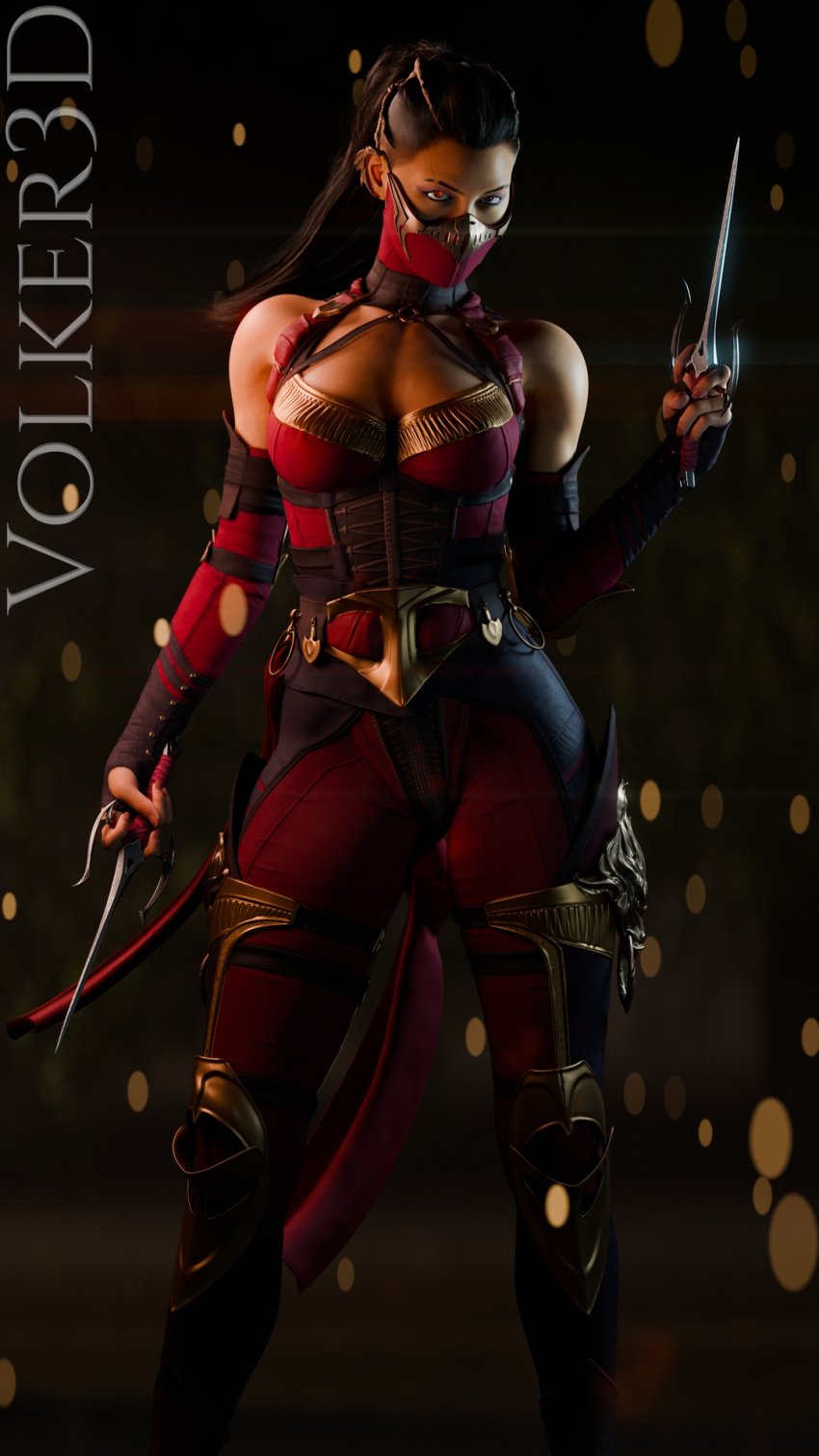 1girls 3d armor armored_female bare_shoulders black_hair boob_window brown_eyes brown_hair edenian fanart female female_focus female_only kunai mileena mileena_(new_era) mohleena mortal_kombat mortal_kombat_1_(2023) pinup posing red_eyes solo solo_female standing tagme tarkatan tight_clothing volker3d