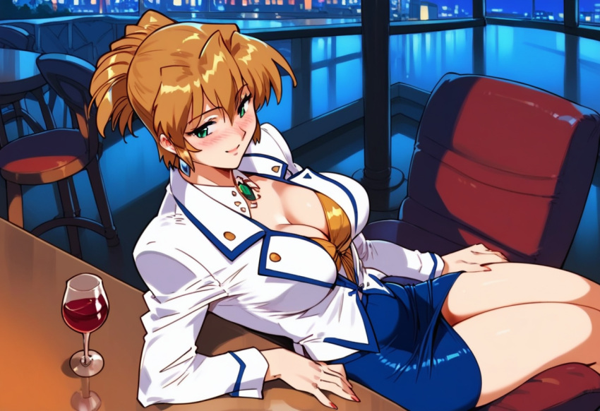 1girls 2d agent_aika ai_generated aika_sumeragi big_breasts blonde_hair blush breasts brown_hair cleavage curvy female human indoors large_breasts looking_at_viewer mature mommy nightclub pale-skinned_female pale_skin pencil_skirt short_hair sitting skirt solo solo_female tagme thick_thighs white_jacket wide_hips