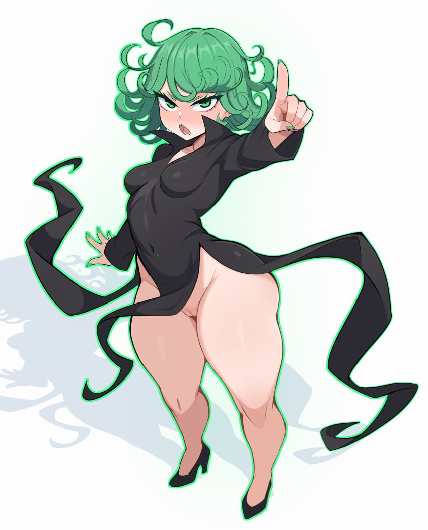 bottom_heavy bottomless female female_focus female_only green_hair light-skinned_female light_skin looking_at_viewer maidcousin no_panties one-punch_man pale_skin pale_skinned_female pussy short_hair shortstack small_breasts solo solo_female solo_focus tatsumaki