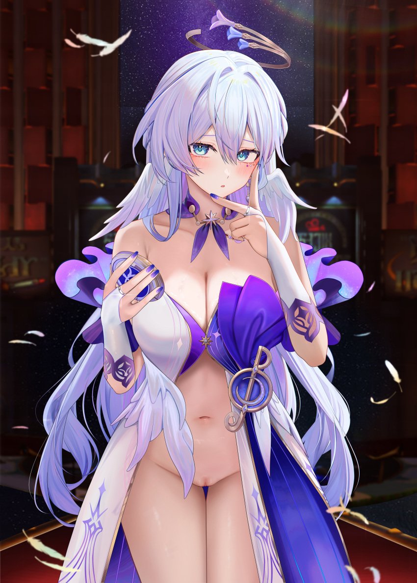 :o absurdres blue_dress blue_eyes blue_hair blue_nails bottomless breasts bridal_gauntlets brown_halo cleavage commentary_request dress female fingernails halo head_wings highres holding honkai:_star_rail honkai_(series) indoors jewel_under_eye large_breasts long_hair looking_at_viewer marking_below_eyes musical_note_ornament nail_polish navel paid_reward_available pussy robin_(honkai:_star_rail) ru_zhai solo standing thighs two-tone_dress uncensored white_dress wings