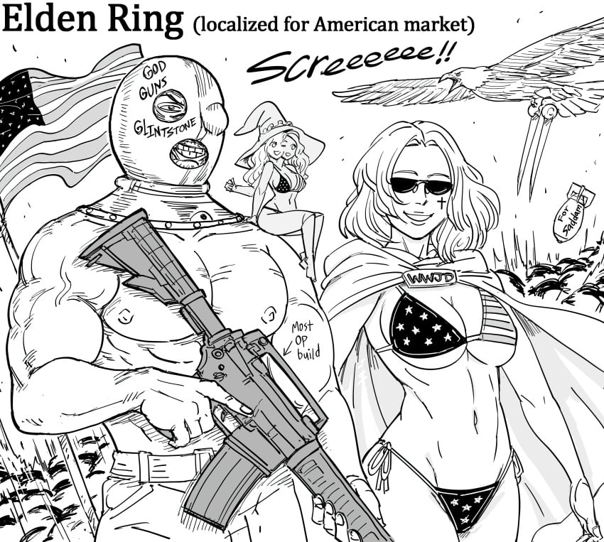 4th_of_july american american_flag american_flag_bikini bb_(baalbuddy) beach big_breasts bikini elden_ring female female_focus fromsoftware gun m4a1 melina_(elden_ring) meme micro_bikini miniature_ranni navel prisoner_(elden_ring) ranni_the_witch tarnished thick_thighs warhawk_(elden_ring)