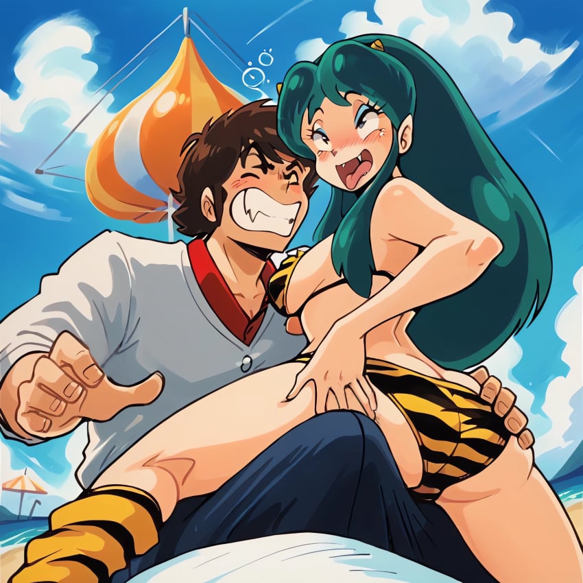 ai_generated ataru_moroboshi boner_in_pants civitai eyeshadow generated_by_nanek grabbing_ass green_hair horns lum oni_female pointy_ears tiger_print_bikini tongue_out urusei_yatsura