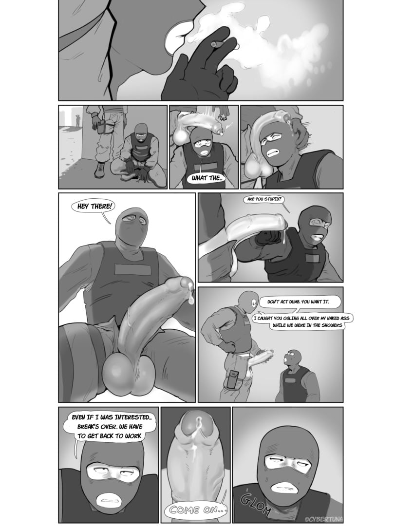 balls bara big_balls big_penis bulge clothing comic cybertuna english_text erection gay male male/male male_only mask masked masked_male monochrome muscular_male penis precum precum_drip text yaoi