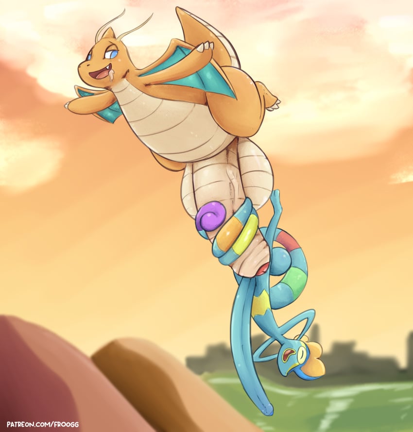 anthro balls big_balls big_penis biped blue_body dragonite duo erection fan_character flying froogg generation_1_pokemon generation_8_pokemon genitals hi_res inteleon long_penis looking_pleasured male male/male nintendo orange_body penis pokemon pokemon_(species) relaxing sex tail tail_around_penis tail_fetish tail_play tail_sex tailjob