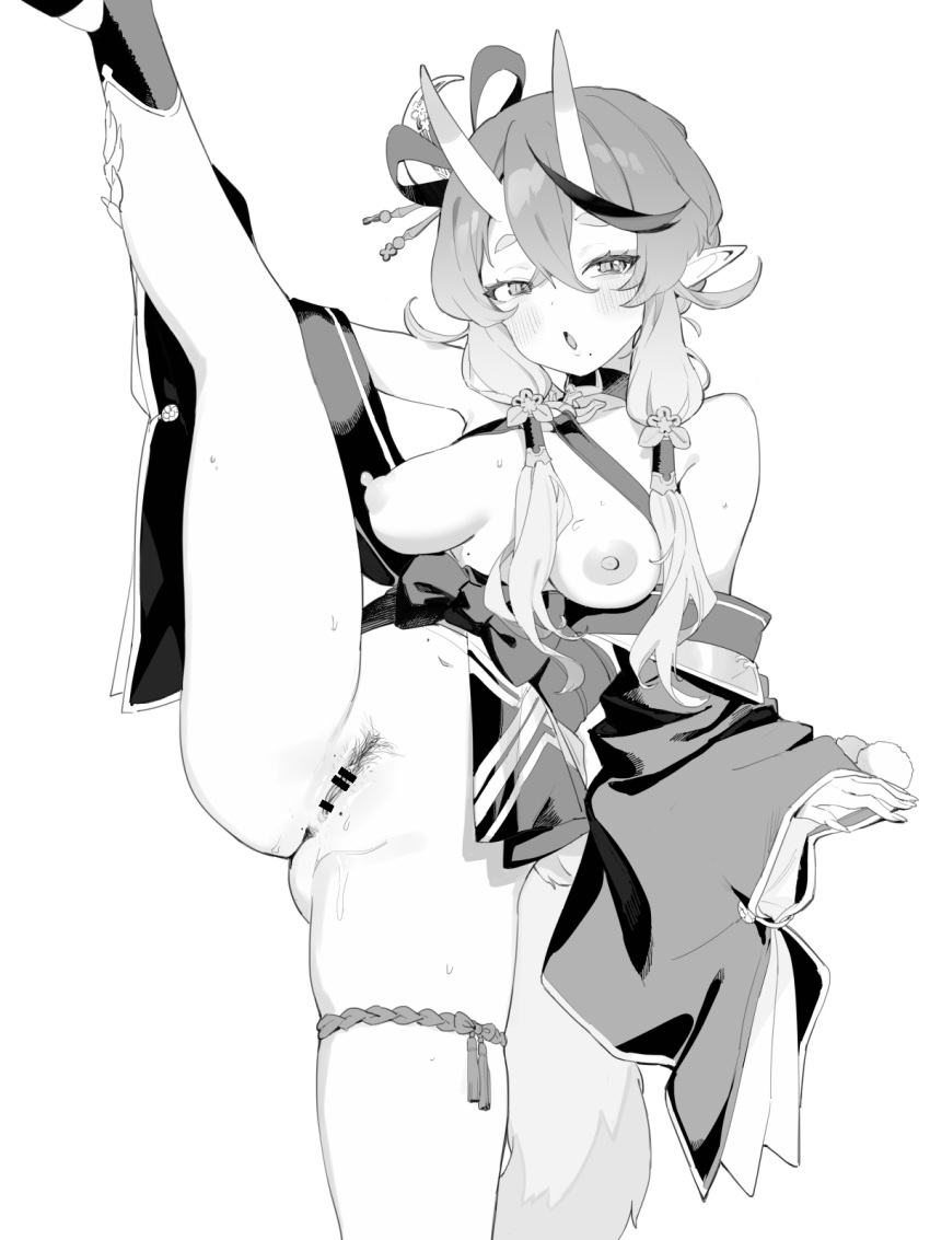 bar_censor blush breasts censored commentary_request cowboy_shot detached_sleeves djheycha female female_pubic_hair greyscale highres horns long_hair looking_at_viewer medium_breasts mole mole_under_mouth monochrome nijisanji nipples nude oni open_mouth pointy_ears pubic_hair rindou_mikoto rindou_mikoto_(1st_costume) simple_background solo sound_effects split standing standing_on_one_leg standing_split sweat thick_eyebrows vaginal_penetration variant_set virtual_youtuber wide_sleeves