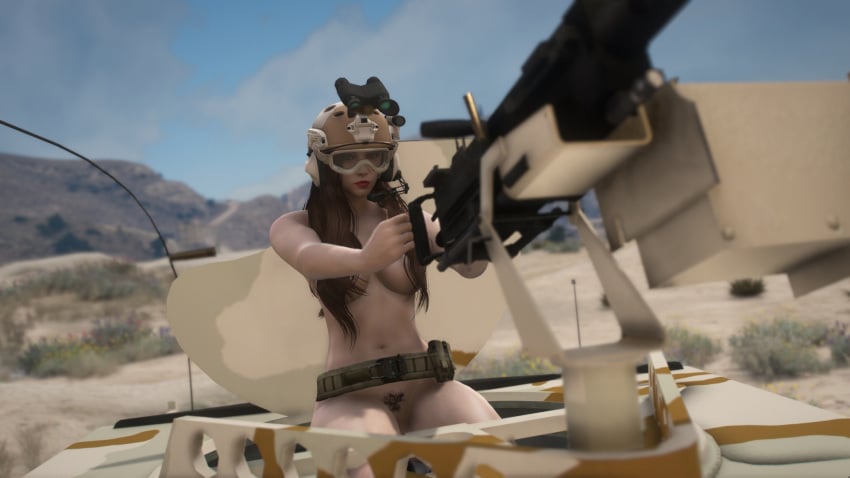 1girls 3d 3d_(artwork) belt brown_eyes brown_hair car completely_naked completely_naked_female completely_nude completely_nude_female exhibitionism exhibitionist female female_focus female_only glasses grand_theft_auto_online grand_theft_auto_v gta5 gta_5 gta_v gtav gun hair_on_breasts hair_over_breasts helmet kemikarugaru long_hair looking_at_viewer military military_helmet military_vehicle naked naked_belt naked_female naked_helmet nude nude_female nudism nudist nudity outdoor outdoor_nudity outdoors pubic_hair shooting soldier solo tactical_nudity vehicle