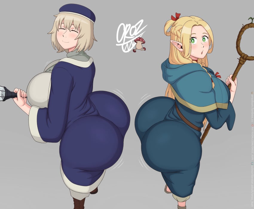 2girls ass big_breasts blonde_hair bottom_heavy breasts bubble_butt closed_eyes clothed dungeon_meshi elf elf_ears elf_female falin_touden female female_only green_eyes hair_ribbon hat huge_ass huge_breasts light_skin long_hair marcille_donato multiple_girls open_mouth oroz-kun pointy_ears ponytail ribbon short_hair sideboob smile staff thick_thighs thighs walking_mushroom_(dungeon_meshi) white_hair wide_hips