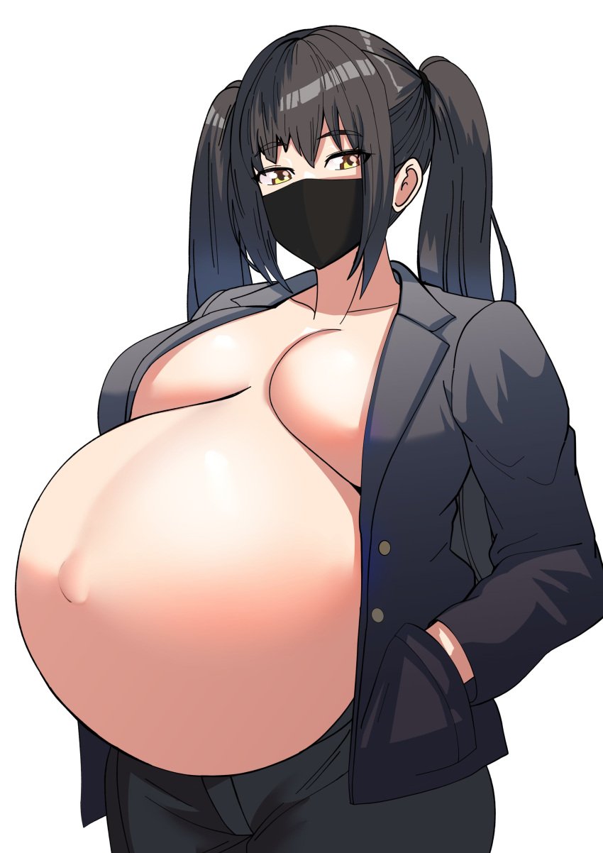 2d black_hair blush breasts_apart face_mask gigantic_breasts hands_in_pockets huge_belly huge_breasts hyper_belly hyper_pregnancy jacket looking_at_viewer original original_character pregnant trousers twintails yellow_eyes yuhancyan
