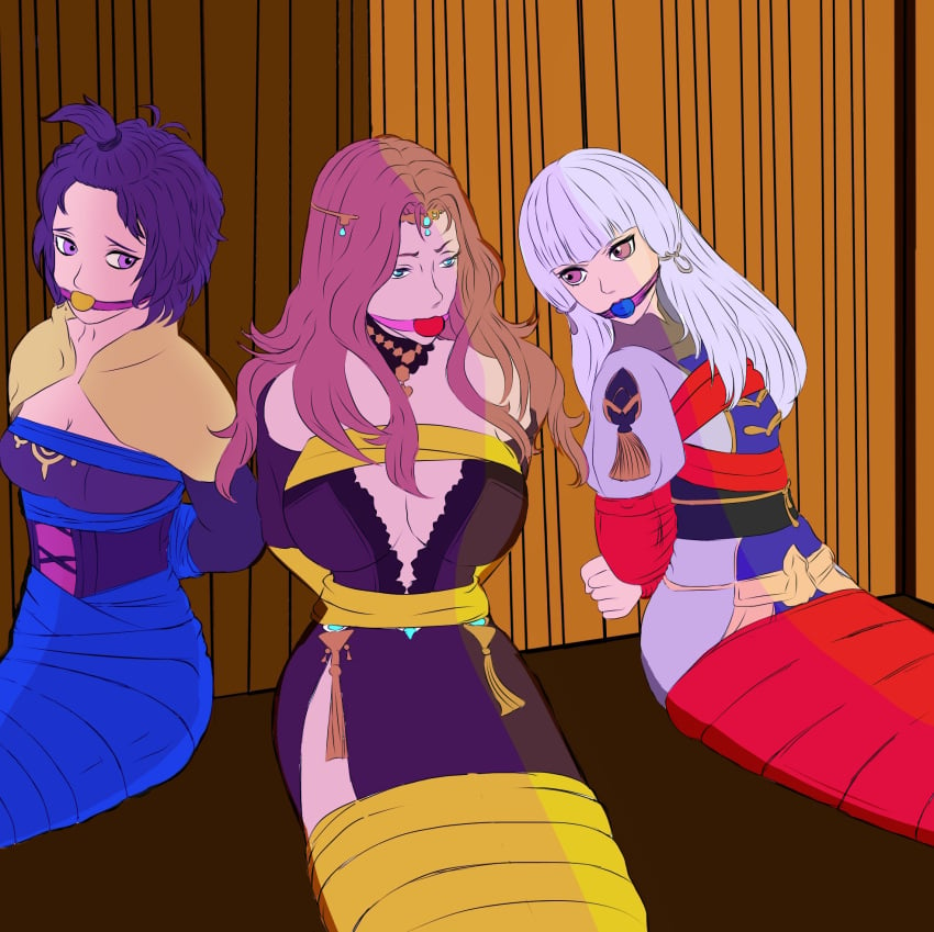 3girls alternate_costume arms_behind_back ball_gag bangs bare_shoulders bernadetta_von_varley bondage bound bound_wrists breasts brown_hair captured center_opening choker cleavage cornelia_arnim female female_only femsub fire_emblem fire_emblem:_three_houses fire_emblem_warriors:_three_hopes front_ponytail frown gag gagged green_eyes large_breasts looking_back lysithea_von_ordelia medium_breasts mogobdsm multiple_girls nintendo official_alternate_costume official_alternate_hairstyle pink_eyes purple_hair restrained shoulders side_slit small_breasts story_at_source