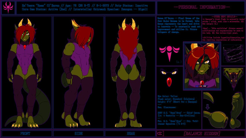 2022 absurd_res anthro armwear balls bodily_fluids clothed clothing digital_drawing_(artwork) digital_media_(artwork) foreskin fully_clothed gem genitals green_body hair hi_res horn katamra_(spazman) legwear long_hair lore male male_only markings model_sheet open_mouth penis portrait red_hair saliva scalie smile solo spaz_(spazman) spazman striped_markings stripes tail text tongue tongue_out vein veiny_penis xenogon yellow_eyes