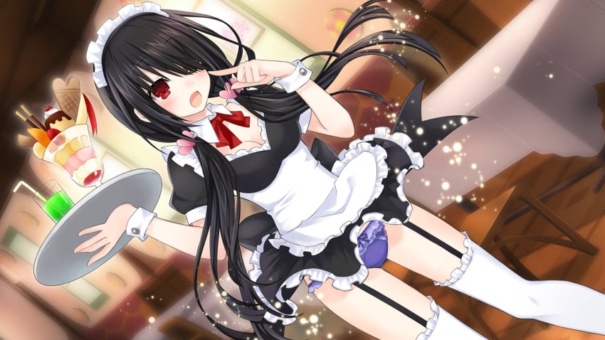 apron bare_arms black_hair blush breasts cleavage date_a_live game_cg garter_belt garter_straps hair_covering_eye holding_tray long_hair maid_headdress maid_outfit maid_uniform medium_breasts miniskirt official_art open_mouth panties purple_panties red_eyes ribbon skirt skirt_lift surprised thighhighs thighs tokisaki_kurumi tsunako white_thighhighs zettai_ryouiki