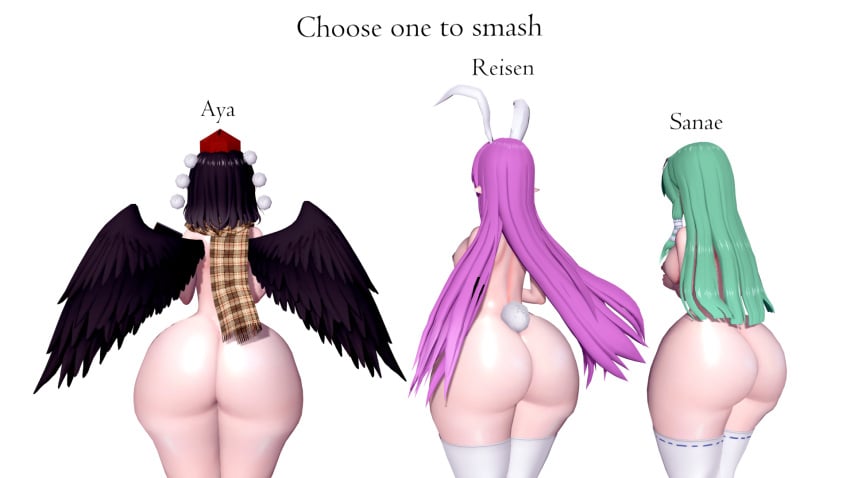 3d 3girls ass ass_comparison ass_crack ass_focus big_ass big_butt black_hair bottom_heavy breasts bubble_butt bunny_ears bunny_girl bunny_tail caked_up completely_nude completely_nude_female dat_ass dumptruck_ass fat_ass female female_only green_hair hair_ornament high_resolution highres huge_ass huge_butt hugeassfan koikatsu large_ass light-skinned_female light_skin long_hair medium_breasts multiple_girls naked naked_female nipples nude nude_female purple_hair reisen_udongein_inaba round_ass sanae_kochiya scarf shameimaru_aya shiny_ass shiny_skin short_hair sideboob stockings thick_ass touhou white_background wide_hips wings