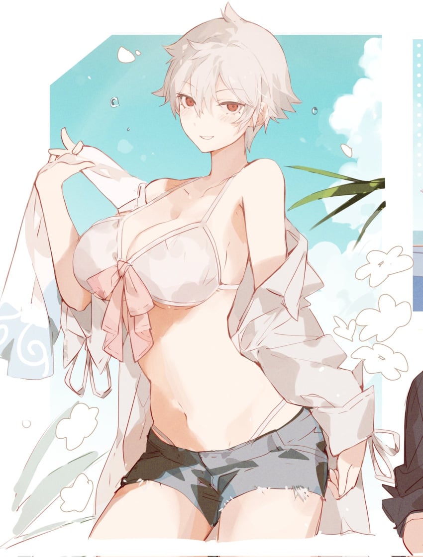 big_breasts bikini blush canon_genderswap cleavage denim_shorts dress_shirt female female_only genderswap_(mtf) ginko_sakata gintama gintoki_sakata looking_at_viewer naki_rg off_shoulder open_shirt pale-skinned_female pale_skin red_eyes rule_63 short_hair short_shorts shorts smile solo very_short_hair white_bikini white_hair