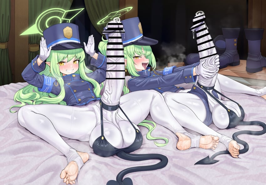 2futas armband bar_censor black_hair black_jacket black_shorts black_tail blue_archive blue_armband boots buttons censored clothed clothing double-breasted duo earrings erection feet fully_clothed futa_only futanari futanari_masturbation gloves green_hair green_halo halo hat highres hikari_(blue_archive) huge_balls huge_cock human jacket jewelry light-skinned_futanari light_skin long_hair long_sleeves looking_at_viewer lying masturbation multiple_girls nasuta5mamma no_shoes nozomi_(blue_archive) on_back open_mouth pantyhose peaked_cap penis pointy_ears precum shorts siblings sisters smile stirrup_legwear tail toeless_legwear tongue tongue_out unworn_boots veins veiny_penis very_long_hair white_gloves white_pantyhose yellow_eyes