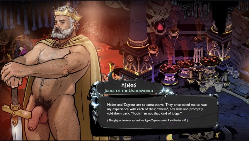1boy abs bara beard belly cape connected_beard cowboy_shot crown dialogue_box english_text excessive_pubic_hair facial_hair flaccid foreskin full_beard greek_mythology grey_hair hades_(game) hades_(series) hades_2 hairy highres king large_pectorals looking_at_viewer male_focus male_pubic_hair mature_male minos_(mythology) muscular muscular_male naked_cape navel navel_hair nickiecharles nipples old old_man original parody pectorals penis planted planted_sword plump pubic_hair short_hair solo standing stomach sword thick_arm_hair thick_beard thick_chest_hair thick_leg_hair thick_navel_hair uncensored very_hairy weapon