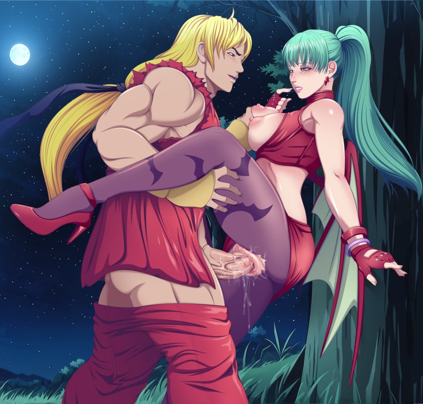 1boy 1girls alternate_costume alternate_hairstyle alternate_version_available animal_print bandana bat_print bat_wings big_breasts big_penis black_bandana blonde_hair blush bracelet breasts breasts_out capcom capcom_vs_snk_2 clothed_sex company_connection crossover darkstalkers earrings female field full_moon gloves grabbing_another's_breast grass green_eyes green_hair groping heels high_heels highres holding_another's_leg jewelry ken_masters lady-fantasma large_breasts large_penis leg_up long_hair male marvel_vs._capcom marvel_vs._capcom:_infinite marvel_vs._capcom_2 moon moonlight morrigan_aensland night night_sky non-web_source official_alternate_costume official_alternate_hairstyle outdoors pantyhose penis ponytail pussy pussy_juice red_skirt sex skirt sky source_request standing standing_sex star_(sky) starry_sky straight strappy_heels street_fighter succubus torn_clothes torn_pantyhose tree vaginal_penetration vampire_(game) wings