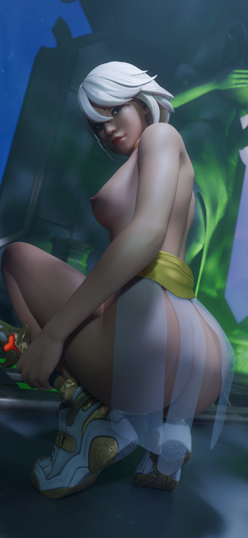 1girls 3d aphrodite aphrodite_(fortnite) ass_focus deity european_mythology female_only fortnite goddess greek_mythology looking_back mythology public_domain see-through_clothing squatting sword tm04