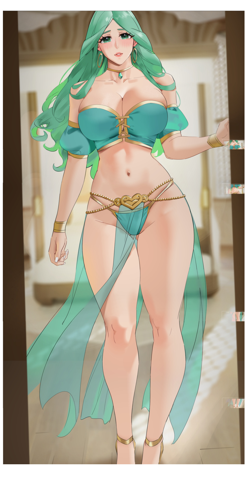 1girls bare_shoulders big_breasts blush blush_lines emerald_dawn_(sendrawz) fire_emblem fire_emblem:_three_houses game_cg gold_choker gold_earrings gold_jewelry green_eyes green_hair hourglass_figure large_breasts long_hair looking_at_viewer navel rhea_(fire_emblem) sendrawz stitched thick_thighs thighs thong wide_hips