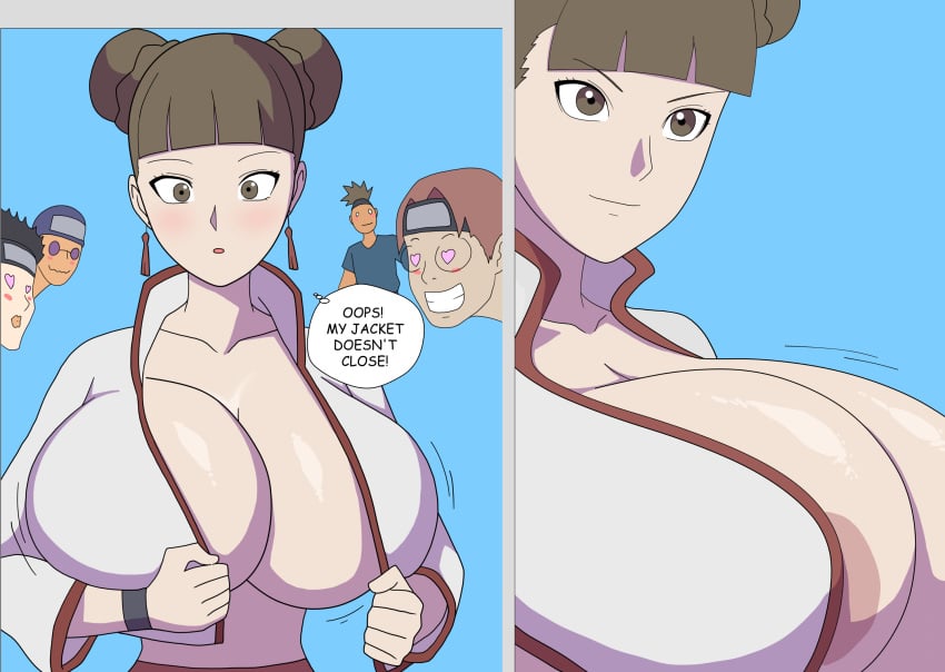 1girls 4boys alternate_breast_size areola_slip being_watched big_breasts blunt_bangs blush boruto:_naruto_next_generations bouncing_breasts breast_awe breast_focus breasts brown_hair cleavage comic covering covering_breasts covering_self crop_top dialogue double_bun embarrassed english_text exhibition exhibitionism exhibitionist female_focus heart heart_eyes huge_breasts large_breasts looking_at_breasts looking_at_partner mature mature_female midriff milf multiple_boys naruto naruto_(series) nipple_slip no_bra open_clothes open_shirt pants public public_exposure public_indecency shirt smile speech_bubble tenten text top_heavy top_heavy_breasts upper_body voluptuous wardrobe_malfunction zetarok