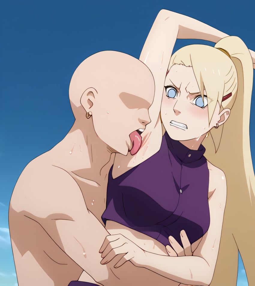 1boy 1girls accurate_art_style ai_generated arm_up armpit_fetish armpit_licking armpits bald_male blonde_hair blue_eyes clenched_teeth clothed_female_nude_male crop_top disgusted earrings faceless_male hairclip hug ino_yamanaka long_hair naruto_(series) naruto_shippuden no_pupils ponytail purple_clothing stable_diffusion sweat sweatdrop sweating
