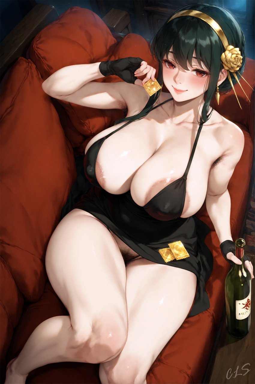 1girls ai_generated areolae areolae_slip armpit_hair bare_shoulders black_dress black_gloves black_hair blush bottle breasts cleavage cls condom condom_wrapper couch covered_nipples dress earrings fingerless_gloves gloves gold_hairband holding_bottle holding_condom large_areolae large_breasts looking_at_viewer pubic_hair red_eyes sitting smile solo spy_x_family thighs thong underwear yor_briar