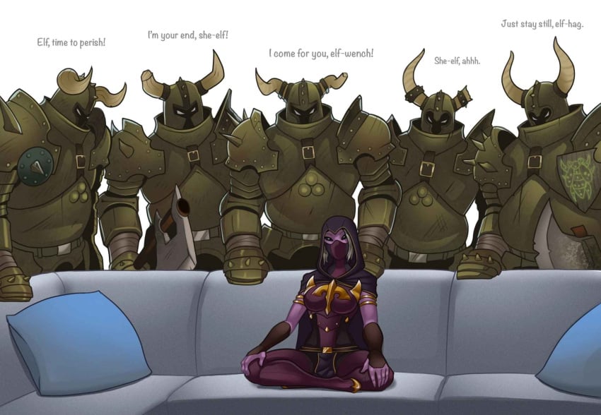 1girls 5boys armor black_eyes black_pupils black_sclera chaos_(warhammer) dialogue elf english_text female fully_black_eyes horns kerillian meme meme_reference piper_perri_surrounded plate_armor purple_skin sitting sofa spacemaxmarine text vermintide warhammer_(franchise) warhammer_fantasy wood_elf wood_elf_(warhammer)