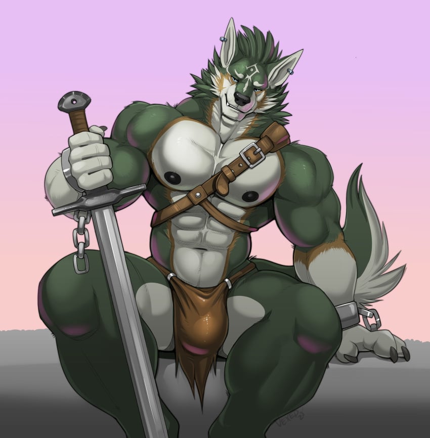 1boy abs anthro anthrofied biceps big_bulge big_muscles bottomwear bulge canid canine canis clothing dissimulated front_view fur green_body green_fur green_hair hair hi_res link loincloth looking_at_viewer male male_nipples male_only mammal melee_weapon muscular muscular_anthro muscular_male nintendo nipples pecs simple_background sitting solo sword tail the_legend_of_zelda twilight_princess vexedlupine weapon wolf wolf_link