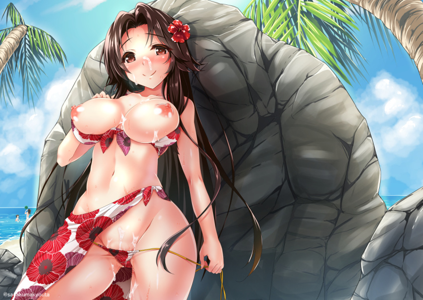 abs beach bikini blue_sky blush boulder breasts breasts_out brown_eyes brown_hair cleavage cloud cloudy_sky female floral_print flower front-tie_top hair_flower hair_intakes hair_ornament jintsuu_(kantai_collection) kantai_collection large_breasts long_hair looking_at_viewer navel ocean palm_tree public_nudity rock sarong sasakuma_kyouta sky smile solo_focus string_pull suggestive_fluid swimsuit tree