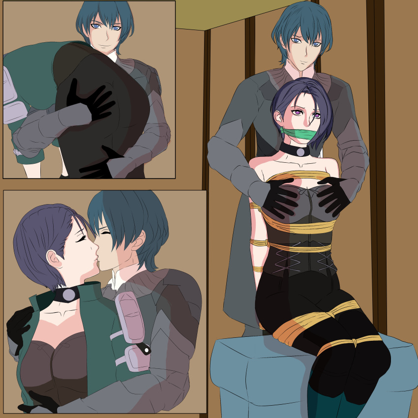 1boy 1girls arms_behind_back ass_grab bare_shoulders bent_over blue_eyes blue_hair bodice bondage boots bound breast_grab breasts byleth_(fire_emblem) byleth_(fire_emblem)_(male) captured carrying carrying_over_shoulder carrying_person choker cleavage closed_eyes collarbone double_breast_grab female femsub fire_emblem fire_emblem:_three_houses gag gloves groping hug indoors kissing large_breasts male maledom mogobdsm molestation nintendo purple_eyes rape restrained shamir_nevrand short_hair shoulders sitting story_at_source teal_hair