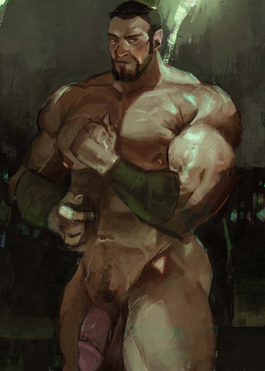 1boy 77tsutsu abs absurdres ass avatar_legends avatar_the_last_airbender bara brown_hair completely_nude cowboy_shot earth_kingdom facial_hair flaccid goatee highres huge_pectorals long_sideburns looking_at_viewer male male_focus male_only male_pubic_hair mature_male muscular muscular_male navel nipples nude painterly pubic_hair short_hair sideburns solo sparse_navel_hair standing strongman_waist the_boulder thick_eyebrows thick_thighs thighs