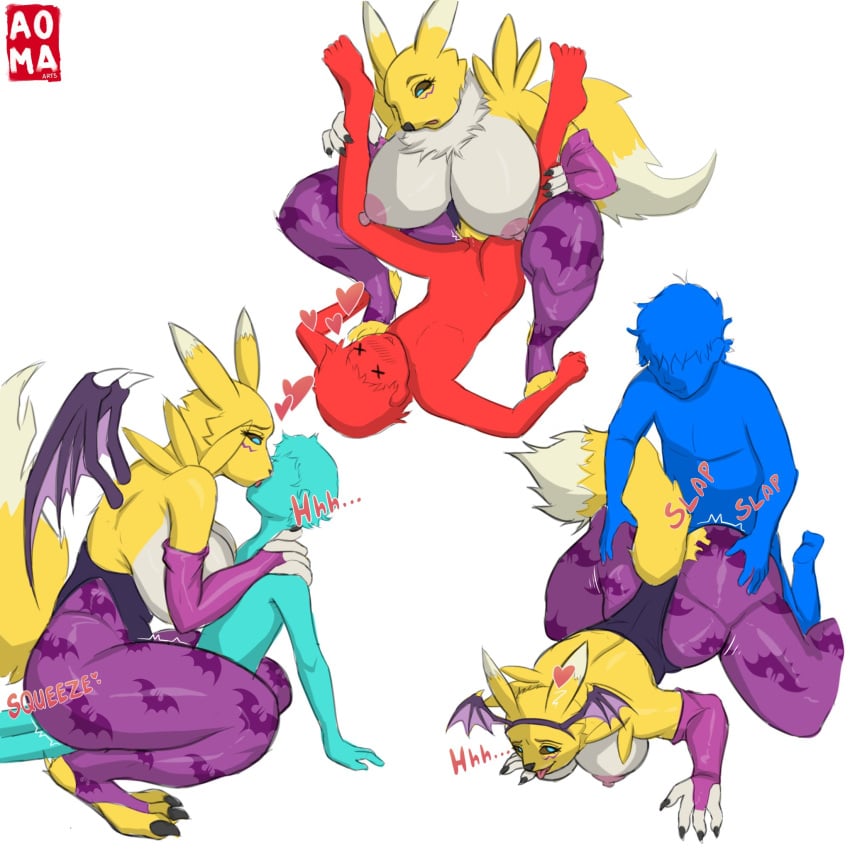 1girls 2023 3boys amazon_position anon anthro aoma aomaarts areolae artist_logo ass ass_grab bat_print big_breasts black_sclera blue_body blue_eyes capcom cosplay darkstalkers digimon digimon_(species) doggy_style female furry gauntlets green_body heart hi_res interspecies kissing leotard male morrigan_aensland_(cosplay) nipples pantyhose penetration purple_pantyhose red_body renamon sitting_on_penis succubus_wings thick_thighs toeless_legwear vaginal_penetration white_background wings