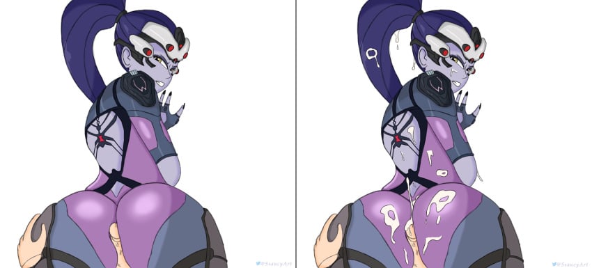 1boy 1girls ass black_hair buttjob clothed_female_nude_male cum ejaculation looking_back overwatch overwatch_2 ssaucyart widowmaker