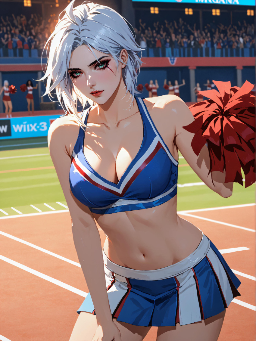 ai_generated breasts cathrynedelamort cheerleader ciri female green_eyes light-skinned_female looking_at_viewer navel scar solo the_witcher_(series) the_witcher_3:_wild_hunt white_hair