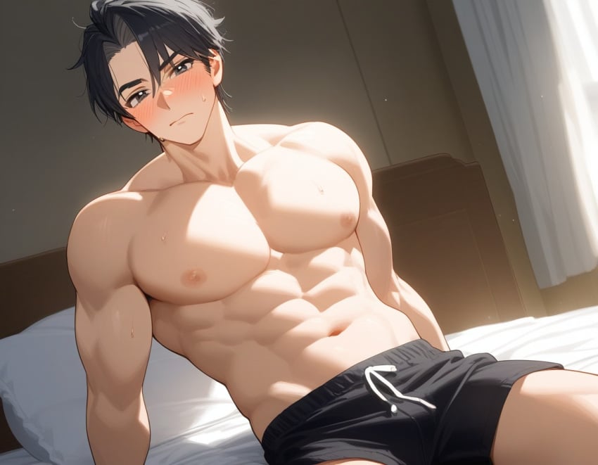 1boy ai_generated bara bed bedroom bedsheets black_boxers black_eyebrows black_eyes black_hair blossomtea blush boxers curtains dilf eyebrows eyebrows_visible_through_hair jokichi_yudasei kivotosxl_(model) light-skinned_male light_skin looking_at_viewer muscular muscular_male nipples pillow self_upload shirtless shirtless_male sweat sweatdrops sweating voluptuous voluptuous_male yandere_simulator yodayo