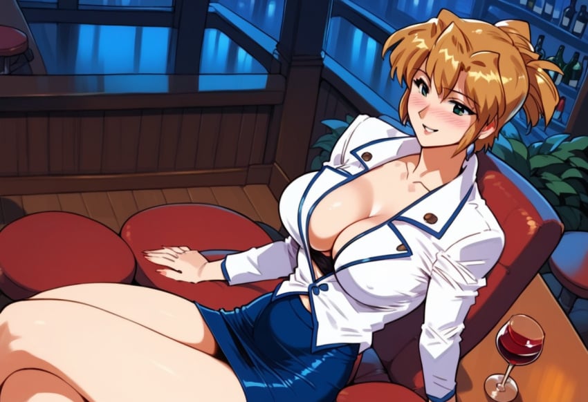 1girls 2d agent_aika ai_generated aika_sumeragi big_breasts blonde_hair blush breasts brown_hair cleavage curvy female human indoors large_breasts looking_at_viewer mature mommy nightclub pale-skinned_female pale_skin pencil_skirt short_hair sitting skirt solo solo_female solo_focus tagme thick_thighs voluptuous white_jacket wide_hips